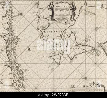 Carte de passage de l'embouchure du golfe de Finlande dans la mer Baltique, carte de passage pour une partie de la mer Baltique à partir de Lemsaal, Beooste Kok, ainsi que la côte de la Finlande orientale, de 't Alandse Haff, à Parna, qui comprend également : d'eylande Oesel, et Dagho. Rédigé avec précision et corrigé de nombreuses erreurs. (Titre sur l'objet), carte de passage de l'embouchure du golfe de Finlande dans la mer Baltique, avec deux roses de boussole, le nord est sur la droite. En haut un cartouche avec le titre et l'adresse de l'éditeur, flanqué d'une femme avec un jeune enfant et d'un homme avec un jeune cerf Banque D'Images