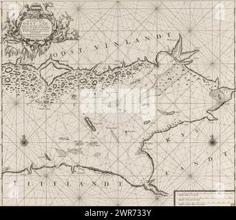 Carte de la partie orientale du golfe de Finlande, Nouvelle carte pour une partie de la mer de l'est à partir de 3 miles à l'ouest de Broklom à Strellen, ainsi que la côte est du Vinland, à partir de Parna à Schans ter NY. Zynde a noté et corrigé avec précision de nombreuses erreurs. (Titre sur l'objet), carte de la partie orientale du golfe de Finlande, avec deux roses de boussole, le nord est au sommet. En haut à gauche un cartouche avec le titre et l'adresse de l'éditeur, décoré d'armoiries, de cerfs, d'ours et de sceaux. En bas à droite l'échelle en miles allemand, espagnol et anglais ou français (échelle : c. 1:400,000). Banque D'Images