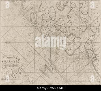 Carte de passage des îles Zeeland et une partie de la mer du Nord, carte de passage des côtes de Zeeland. A partir de la Maas, jusqu'à la Wielingen. Tout sur les nouvelles, et sensiblement amélioré (titre sur l'objet), carte de passage des îles Zeeland et une partie de la mer du Nord, avec deux roses de boussole, le Nord est sur la gauche. En bas à gauche un cartouche avec le titre, l'adresse de l'éditeur et l'échelle, en allemand, espagnol et anglais ou français miles (échelle : c. 1:170,000). Ces détails comprennent un putti, une femme avec une couronne d'échevin et un lion., imprimeur : anonyme Banque D'Images