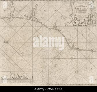 Carte de la mer d'une partie de la côte sud du Portugal, carte d'une partie de la côte du Portugal à partir de Zurara à 7 à 8 miles des Barlenges. (Titre sur l'objet), carte nautique d'une partie de la côte sud du Portugal, avec deux rosiers compas, le nord est sur la gauche. En haut à droite un cartouche avec le titre et l'adresse de l'éditeur. Dans le titre, les bocaux sont remplis de liquide et deux hommes négocient sur les fruits. En bas à gauche trois putti à l'adresse de l'éditeur et l'échelle, montrée en allemand, espagnol et anglais ou français miles (échelle : c . 1:400,000)., imprimeur : anonyme Banque D'Images