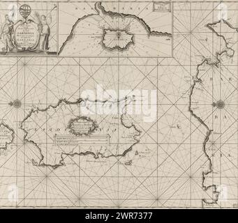 Carte de la mer de l'île de Sardaigne et d'une partie de la côte de l'Afrique du Nord, carte des côtes de la mer de l'île de Sardaigne avec les côtes maritimes opposées de Barbaria, entre C. de Ferro et C. Bona. (Titre sur l'objet), carte nautique de l'île de Sardaigne et d'une partie de la côte de l'Afrique du Nord avec une carte en encart de l'île de Tabarca, avec trois rosiers compas. En haut à gauche le cartouche avec le titre, flanqué de deux femmes avec une branche de palmier et une trompette. Au centre l'adresse de l'éditeur et l'échelle, indiquées en allemand, espagnol et anglais ou français miles (échelle : c. 1:900,000). Banque D'Images