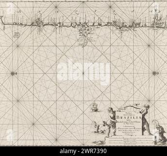 Carte de la mer d'une partie de la côte du Brésil, pas-carte des côtes de la mer du Brésil, entre Rio das Contas et Cabo S. Thome (titre sur l'objet), carte de la mer d'une partie de la côte du Brésil, avec deux roses de boussole, le nord est sur la droite. Ci-dessous à droite le titre, l'adresse de l'éditeur et l'échelle, indiquée en allemand, espagnol et anglais ou français miles (échelle : c. 1:1 500 000). Les données concernent deux hommes combattant un monstre marin., imprimeur : Jan Luyken, Claes Jansz Voogt, éditeur : Johannes van Keulen (I), Amsterdam, 1683 - 1799, papier, gravure, gravure, hauteur 522 mm × largeur 596 mm Banque D'Images