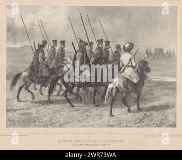Des cosaques à lances à cheval accompagnent un char, 11 octobre 1837, escorte de Cosaques de la ligne du Kouban. Taman (...) 11 octobre 1837 (titre sur objet), voyage à travers la Russie méridionale et la Crimée (titre de la série), voyage dans la Russie méridionale et la Crimée (titre de la série), imprimeur : Denis Auguste Marie Raffet, d'après son propre dessin par : Denis Auguste Marie Raffet, imprimeur : Auguste Bry, Paris, 1838, papier, hauteur 354 mm × largeur 447 mm, impression Banque D'Images