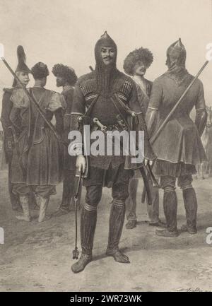Soldats de différentes origines en uniforme, Circassiens, Lesghines et Cosaques de la ligne (...) 7 septembre 1837 (titre sur objet), voyage à travers la Russie méridionale et la Crimée (titre de la série), voyage dans la Russie méridionale et la Crimée (titre de la série), imprimeur : Denis Auguste Marie Raffet, d'après son propre design par : Denis Auguste Marie Raffet, imprimeur : Auguste Bry, Paris, 1842, papier, hauteur 552 mm × largeur 364 mm, impression Banque D'Images