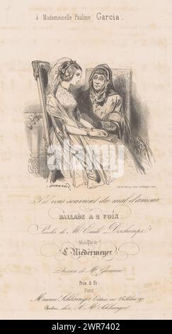 Tirage du titre pour : S'il vous souvient du mal d'amour de Niedermeyer, S'il vous souvient du mal d'amour (titre sur objet), une vieille femme réconforte une jeune femme avec le chagrin d'amour., imprimeur : Paul Gavarni, Pauline Viardot-Garcia, imprimeur : Thierry frères, imprimeur : Paris, éditeur : Paris, Editeur : Berlin, c. 1838, papier, hauteur 329 mm × largeur 255 mm, imprimé Banque D'Images