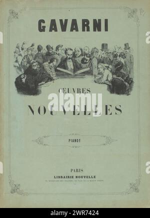 Album avec des représentations de personnes jouant du piano, Gavarni. Œuvres nouvelles. Piano ! (Titre sur objet), Piano Playing (titre de la série), masques et visages. Piano ! (Titre de la série), album avec dix tirages sur dix pages. Sur la couverture, un collectionneur de tirages ouvre un album. Il est entouré de diverses figures humaines., imprimeur : Paul Gavarni, imprimeur : Joseph Rose Lemercier, imprimeur : imprimerie Raçon, Paris, 1853, papier, hauteur 378 mm × largeur 275 mm × largeur 532 mm Banque D'Images