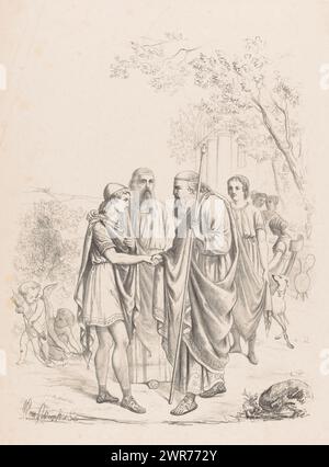 Telemachus visite Nestor sur l'île de Pylon, Telemachus cherche son père Ulysse, a été conduit par Pallas au prince Nestor sur l'île de Pylos pour obtenir des informations, album d'art de W. P. van Geldorp (titre de la série), Telemachus a quitté la maison pour rendre visite à son père pour trouver Odysseus. Athéna, déguisé en vieil homme nommé Mentor, l'accompagne. Elle lui donne le courage de parler au roi Nestor., imprimeur : Wilhelmus Petrus van Geldorp, Rotterdam, 1870, papier, hauteur 495 mm × largeur 345 mm, impression Banque D'Images