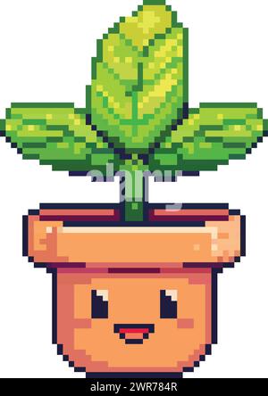 Pixel art d'une plante kawaii heureuse dans le style 8 bits Illustration de Vecteur