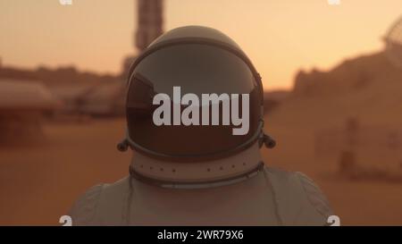 Astronaute sur mars. Astronaute marchant à la surface de mars. illustration 3d. Banque D'Images