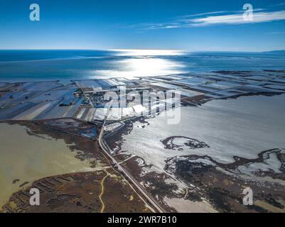 Vue aérienne de la zone humide de L'Encanyissada et du village de Poblenou del Delta en contre-jour un matin d'hiver (Tarragone, Catalogne, Espagne) Banque D'Images