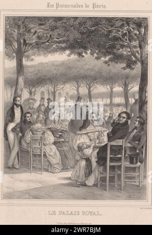 Personnes sur une terrasse au Palais-Royal, le Palais Royal (titre sur objet), lieux à Paris (titre de la série), les promenades de Paris (titre de la série sur objet), imprimeur : Eugène Daudet, imprimeur : Julien Antoine Félix Neuhaus, éditeur : Julien Antoine Félix Neuhaus, Paris, 1836, papier, hauteur 488 mm × largeur 320 mm, impression Banque D'Images