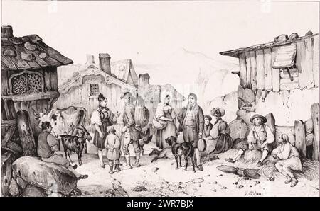 Marché Suisse (Canton de Berne), marché Suisse (Canton de Berne) (titre sur objet), Mountain people chat sur un marché dans un village du canton suisse de Berne., imprimeur : Victor Adam, éditeur : Turgis, Paris, 1842 - 1843, papier, hauteur 192 mm × largeur 300 mm, impression Banque D'Images