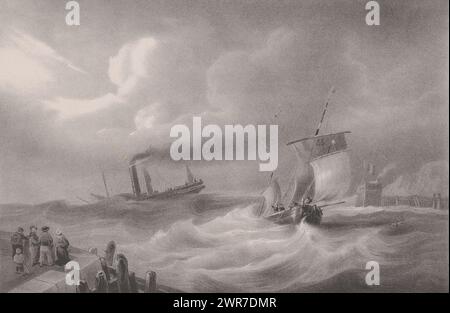 Bateau à vapeur et voilier lors d'une tempête dans un port. A gauche sur le quai, les gens regardent les navires sur les hautes vagues., imprimeur : Carel Christiaan Antony dernier, après conception par : Louis Meijer, imprimeur : Hilmar Johannes Backer, Dordrecht, 1822 - 1845, papier, hauteur 270 mm × largeur 365 mm, impression Banque D'Images