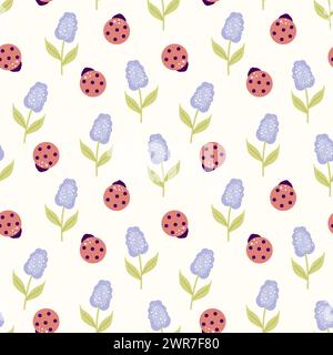 Motifs enfantins sans couture dans des couleurs pastel.coccinelle, lilas, fleurs. Pour affiche, couvertures, étiquette, modèle, motif, décoration de vacances, ferraille Banque D'Images