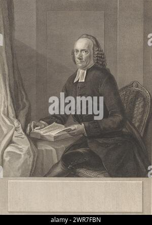 Portrait de Johan Diedrich Deiman, Portrait de Johan Diedrich Deiman, pasteur luthérien à Amsterdam, assis sur une chaise avec une Bible ouverte devant lui., imprimeur : Reinier Vinkeles (I), d'après sa propre conception par : Reinier Vinkeles (I), Amsterdam, 1782, papier, gravure, gravure, hauteur 365 mm × largeur 270 mm, impression Banque D'Images