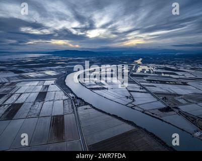 Coucher de soleil entre les rizières inondées d'eau et la rivière de l'Èbre dans le delta de l'Èbre (Tarragone, Catalogne, Espagne) ESP Atardecer entre arrozales al Ebro Banque D'Images