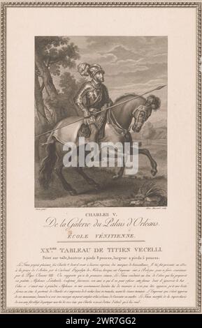 Portrait de Charles V de Habsbourg, à cheval, tableaux de la collection du duc d'Orléans (titre de la série), la Galerie du Palais Royal (titre de la série), imprimeur : Alexandre Massard, après peinture par : Titiaan, 1787 - 1808, papier, gravure, gravure, gravure, hauteur 418 mm × largeur 273 mm, impression Banque D'Images