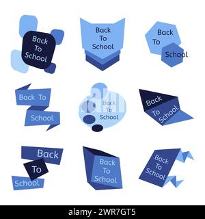 Lot de neuf badges bleus pour la rentrée scolaire. Collection d'étiquettes et d'icônes scolaires. Illustration vectorielle. Illustration de Vecteur