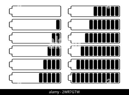 Un jeu de douze batteries avec différents indicateurs de charge. Illustration vectorielle Illustration de Vecteur