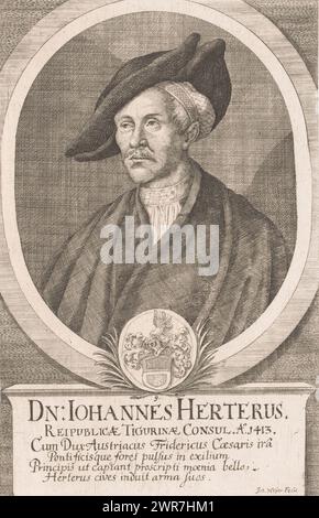 Portrait de Johannes Herterus, Portraits des Maires de Zurich (titre de la série), numérotés au bas du cadre ovale : 9., imprimeur : Johannes Meyer (II), 1665 - 1712, papier, gravure, gravure, hauteur 240 mm × largeur 156 mm, impression Banque D'Images