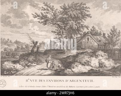 Paysage avec une ferme et des figures le long d'un sentier, IIe vue des environs d'Argenteuil (titre sur objet), imprimeur : Jeanne Deny, après dessin par : Louis Joseph Masquelier, éditeur : Demonchy, imprimeur : France, après dessin par : France, éditeur: Paris, 1759 - en 1815 ou après, papier, gravure, hauteur 205 mm × largeur 280 mm, impression Banque D'Images