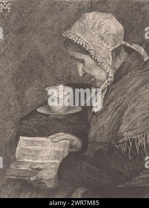 Vieille femme lit dans un livre et il y a une tasse de thé sur la table, imprimeur : Joseph Dujardin, après conception par : Xavier Mellery, 1882, papier, gravure, hauteur 310 mm × largeur 240 mm, impression Banque D'Images