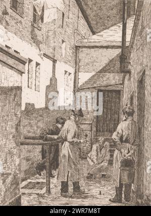 Quatre personnages jouent un jeu avec des bouchons dans une ruelle, là ils volent (titre sur objet), imprimeur : Josué Dupon, 1887, papier, gravure, hauteur 317 mm × largeur 238 mm, impression Banque D'Images