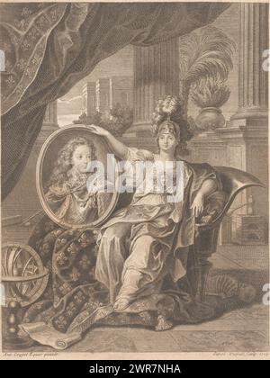 Minerve avec le portrait du jeune Louis XV de France, imprimeur : Charles Dupuis, après peinture par : Antoine Coypel, après peinture par : Hyacinthe Rigaud, France, 1719, papier, gravure, gravure, hauteur 220 mm × largeur 164 mm, impression Banque D'Images