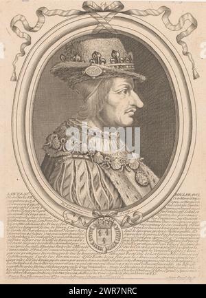 Portrait de Louis XI, roi de France, Louys XI Roy de France (titre sur objet), portraits de personnalités éminentes (titre de la série), numérotés en haut au centre : 54., imprimeur : Nicolas de Larmessin (I), éditeur : Pierre Bertrand, Lodewijk XIV (koning van Frankrijk), éditeur : Paris, France, 1642 - 1678, papier, gravure, gravure, hauteur 227 mm × largeur 162 mm, impression Banque D'Images