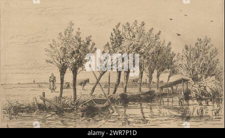 Polder près de Loenen, Polder près de Loenen (titre original), la Hollande (titre original de la série), au premier plan se trouvent deux bateaux à rames dans l'eau. Il y a une rangée de saules pollard sur la rive. Dans le polder derrière, la femme d'un fermier marche parmi les vaches avec un joug et deux seaux., imprimeur : Carel Nicolaas Storm van 's-Gravesande, c. 1877, papier, gravure, hauteur 157 mm × largeur 248 mm, impression Banque D'Images