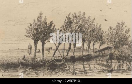 Polder près de Loenen, Polder près de Loenen (titre original), la Hollande (titre original de la série), au premier plan se trouvent deux bateaux à rames dans l'eau. Il y a une rangée de saules pollard sur la rive. Dans le polder derrière, la femme d'un fermier marche parmi les vaches avec un joug et deux seaux., imprimeur : Carel Nicolaas Storm van 's-Gravesande, c. 1877, papier, gravure, hauteur 159 mm × largeur 250 mm, impression Banque D'Images