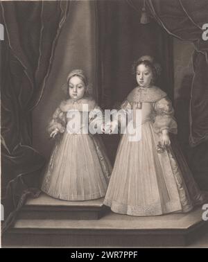 Double portrait de deux enfants inconnus, imprimeur : Louis Joseph Greuse, (signé par l'artiste), après peinture de : François Duchatel, 1890, papier, gravure, gravure, hauteur 409 mm × largeur 338 mm, impression Banque D'Images