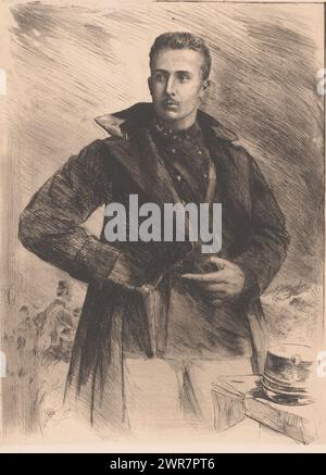 Portrait du prince Baudouin de Belgique, le prince Baudouin porte un uniforme militaire. Autres soldats en arrière-plan., imprimeur : Armand Heins, 1866 - 1910, papier, gravure, hauteur 365 mm × largeur 290 mm, impression Banque D'Images