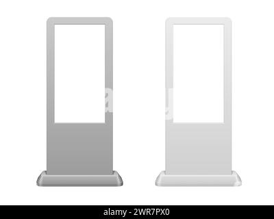 Maquette de stand de kiosque à écran tactile, conception vectorielle 3d réaliste moderne. Écrans interactifs blancs, solution polyvalente et élégante pour l'accessibilité des utilisateurs. Panneau d'information numérique, terminaux en libre-service Illustration de Vecteur