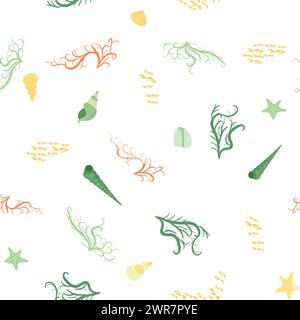 Motif jaune sans couture avec étoiles de mer, coraux, perles et coquillages. Fond vectoriel avec un thème marin Illustration de Vecteur