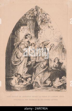 Saint Nicolas in adoration Before the Christ Child, Saint-Nicolas en adoration devant la vierge et l'enfant Jésus, il fait hommage de ses bonnes oeuvres, Saint Nicolas adoring Mary and Child. En bas à gauche, trois enfants sont représentés dans un tonneau, faisant référence à l'un des miracles de Saint Nicolas. Architecture classique en arrière-plan., imprimeur : Henri Hendrickx, après peinture par : Henri Hendrickx, imprimeur : Société des Beaux-Arts, Bruxelles, 1841 - 1842, papier, gravure, hauteur 248 mm × largeur 176 mm, impression Banque D'Images