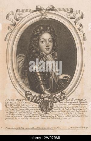 Portrait de Louis Auguste de Bourbon, duc de Maine, portraits de personnalités éminentes (titre de la série), imprimeur : Nicolas de Larmessin (I), éditeur : Nicolas de Larmessin (I), Lodewijk XIV (koning van Frankrijk), imprimeur : France, éditeur : Paris, France, 1642 - 1694, papier, gravure, hauteur 247 mm × largeur 169 mm, impression Banque D'Images