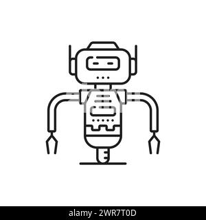 Robot ou droïde sur la ligne de roue et icône de contour. Symbole de contour de droïde humanoïde de machine future de l'industrie, assistant virtuel ou chatbot ai, technologie robotique android avec griffes et icône vectorielle de ligne de roue Illustration de Vecteur