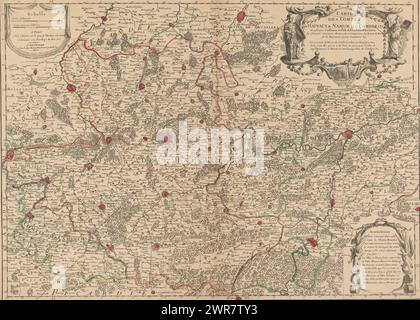 Carte des comtés de Hainaut et Namur et de l'archidiocèse de Cambrai, carte des comtéz de Hainaut de Namur et de Cambresis (titre sur objet), carte des comtés de Hainaut et Namur et de l'archidiocèse de Cambrai. En haut à droite le cartouche-titre avec mention de François Fénelon de 1695 à 1715, archevêque de Cambrai. En haut à gauche un cartouche avec deux bâtons gradués : 4 Lieües de Hainaut / 4 Lieües communes de France. En bas à droite il y a un morceau de texte sur la carte en français. La carte a une distribution de degrés le long des bords., imprimeur : Desrosiers, Guillaume Delisle Banque D'Images