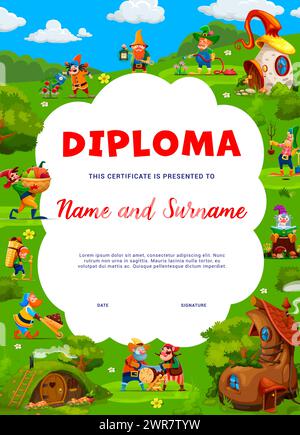 Diplôme d'enfant, village de conte de fées de gnome de jardin de dessins animés et de personnages nains, certificat d'éducation vectorielle. Agriculteur nain et jardinier gnome travaillant dans le jardin de conte de fées pour le fond de diplôme d'enfants Illustration de Vecteur