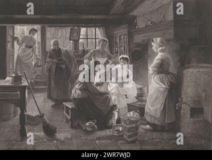 Cave à eau et à feu, Un groupe de femmes, avec un chat à leurs côtés, discutent autour de la cheminée dans une cave à eau et à feu. Il y a un moulin à café sur la table derrière eux. Une vieille femme entre avec un poêle pour acheter du charbon pour le feu. Derrière elle, une jeune femme descend les escaliers menant au sous-sol depuis la rue. Elle porte une poêle dans sa main et une bouilloire pour acheter de l'eau chaude., imprimeur : Dirk Jurriaan Sluyter, (signé par l'artiste), après peinture par : Jan Jacob Zuidema Broos, Amsterdam, 1872 - 1886, papier, gravure, gravure, hauteur 418 mm × largeur 504 mm Banque D'Images