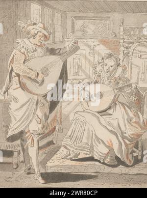 Gentleman et dame jouant du luth, intérieur avec un homme et une femme, jouant tous deux du luth. L'impression est lâche dans un album, voir page 22., imprimeur : Bernhard Schreuder, après dessin par : Karel van Mander (I), après dessin par : David Vinckboons, (attribution rejetée), Amsterdam, 1772 - 1774, papier, gravure, dessin, hauteur 199 mm × largeur 159 mm, impression Banque D'Images