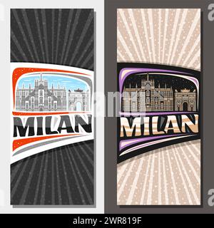 Dispositions verticales vectorielles pour Milan, dépliant décoratif avec illustration en ligne du paysage historique de la ville de milan sur fond de ciel de jour et de crépuscule, design d'art. Illustration de Vecteur