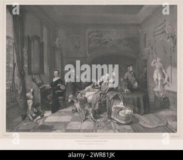 Couple nouvellement marié dans un intérieur avec des chasseurs, exposition la Haye 1849 / épisode de la vie nouvellement mariée (Boileau, dixième satire.) (Titre sur objet), intérieur avec un jeune couple marié, assis sur un banc. La femme a un livre sur ses genoux et appuie sa tête sur l'épaule de l'homme, qui s'étire. Un bébé repose dans un berceau à bascule en osier. À côté du berceau se trouvent deux chiens de chasse. Trois chasseurs se tiennent à l'arrière de la pièce et demandent au jeune homme de se joindre à eux pour la chasse. Sur la gauche, une femme âgée est assise derrière un orgue de maison. Un garçon est assis à côté d'elle sur le sol Banque D'Images