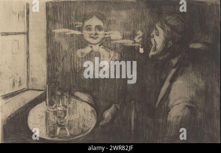 Femme et homme fumeurs de pipe à une table, Tête-à-Tête (titre original), l'homme dans l'estampe est le peintre norvégien Karl Jensen-Hjell., imprimeur : Edvard Munch, 1894, papier, gravure, pointe sèche, hauteur 220 mm × largeur 328 mm, impression Banque D'Images