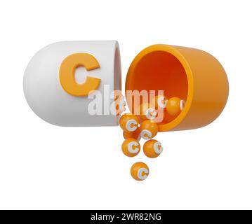 Pilule orange ou capsule remplie de vitamine C. les granules médicaux sont versés hors du comprimé ouvert. Illustration du rendu 3D. Banque D'Images