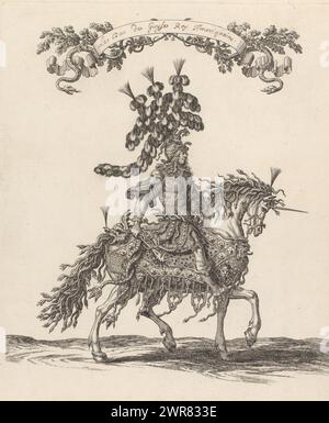 Henri II de Lorraine habillé comme un homme sauvage sur un cheval habillé comme une licorne décorée de serpents, le Duc de Guyse Roy Amériquain (titre sur objet), imprimeur : François Chauveau, éditeur : Charles Perrault, imprimeur : France, éditeur : Paris, 1670, papier, gravure, hauteur 318 mm × largeur 263 mm, impression Banque D'Images