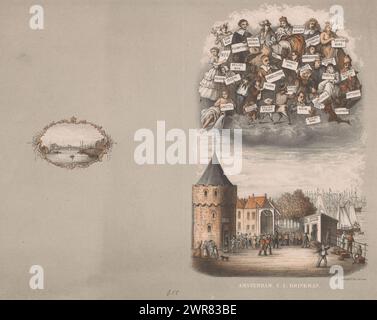 Couverture pour : Amsterdam. Origine et dérivation des noms des canaux, îles, places, rues, allées, ponts, écluses et tours de cette ville, au pied du Schreierstoren à Amsterdam. Une foule dans la rue. Au sommet, divers personnages historiques et types avec des signes se référant à des lieux à Amsterdam. À gauche, vignette avec vue sur une rivière avec pont., imprimeur : Johan Coenraad Leich, imprimeur : Tresling & Comp., éditeur : C.L. Brinkman, Amsterdam, 1865, papier, hauteur 240 mm × largeur 315 mm, impression Banque D'Images