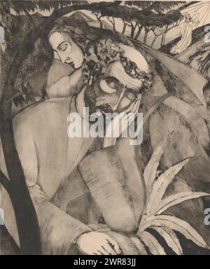 Christ sur le Mont des oliviers, dans le jardin des oliviers (titre original), deux disciples endormis sur le Mont des oliviers. Dans le fond à droite, Christ agenouillé et priant., imprimeur : Lodewijk Schelfhout, (signé par l'artiste), imprimeur : Roeloffzen & Hübner, 1924, papier, point sec, hauteur 489 mm × largeur 403 mm, impression Banque D'Images