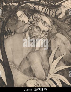 Christ sur le Mont des oliviers, dans le jardin des oliviers (titre original), deux disciples endormis sur le Mont des oliviers. Dans le fond à droite, Christ agenouillé et priant., imprimeur : Lodewijk Schelfhout, (signé par l'artiste), imprimeur : Roeloffzen & Hübner, 1924, papier, point sec, hauteur 489 mm × largeur 403 mm, impression Banque D'Images
